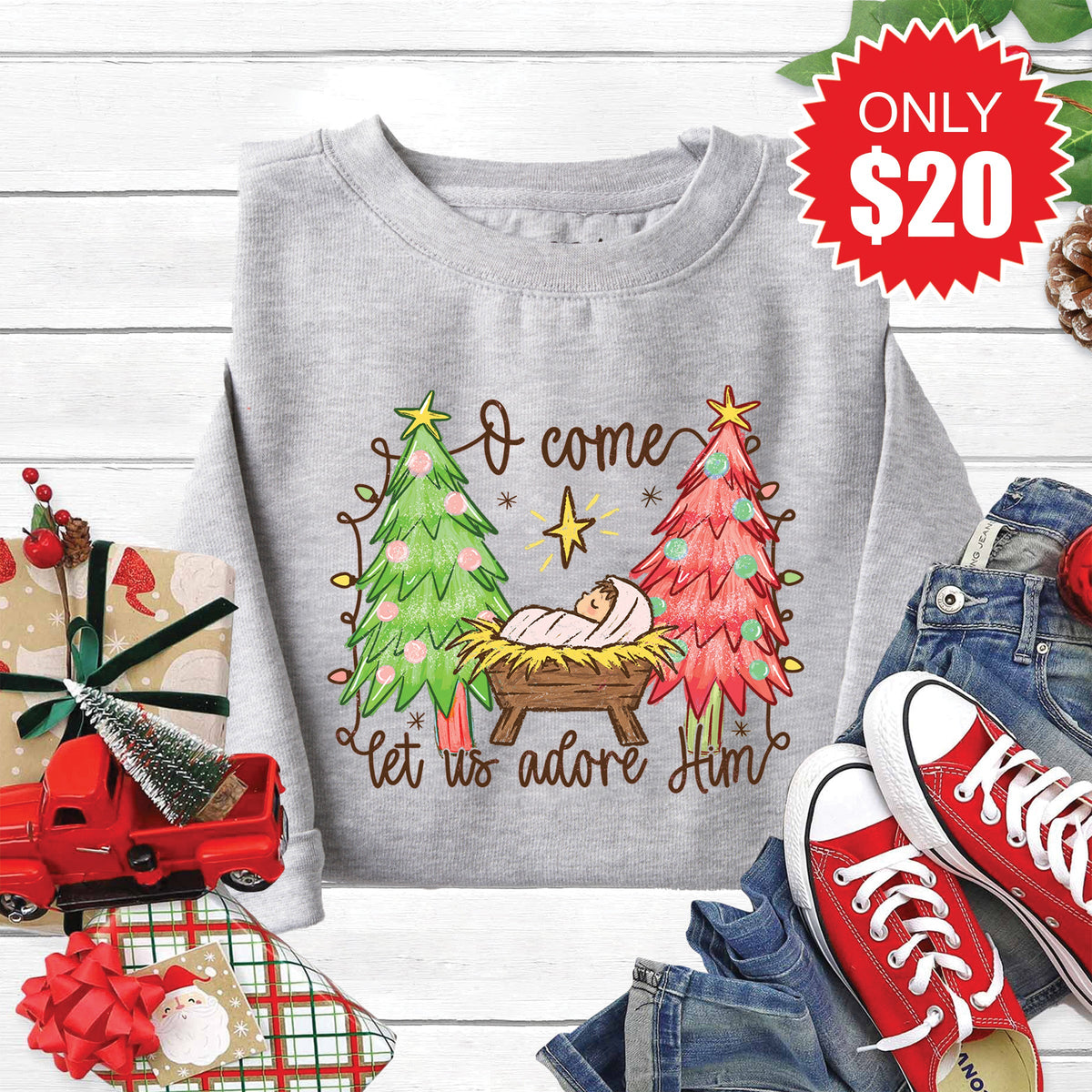 O Come Let Us Adore Him Sweatshirt - Heather Grey - 20 product image 1