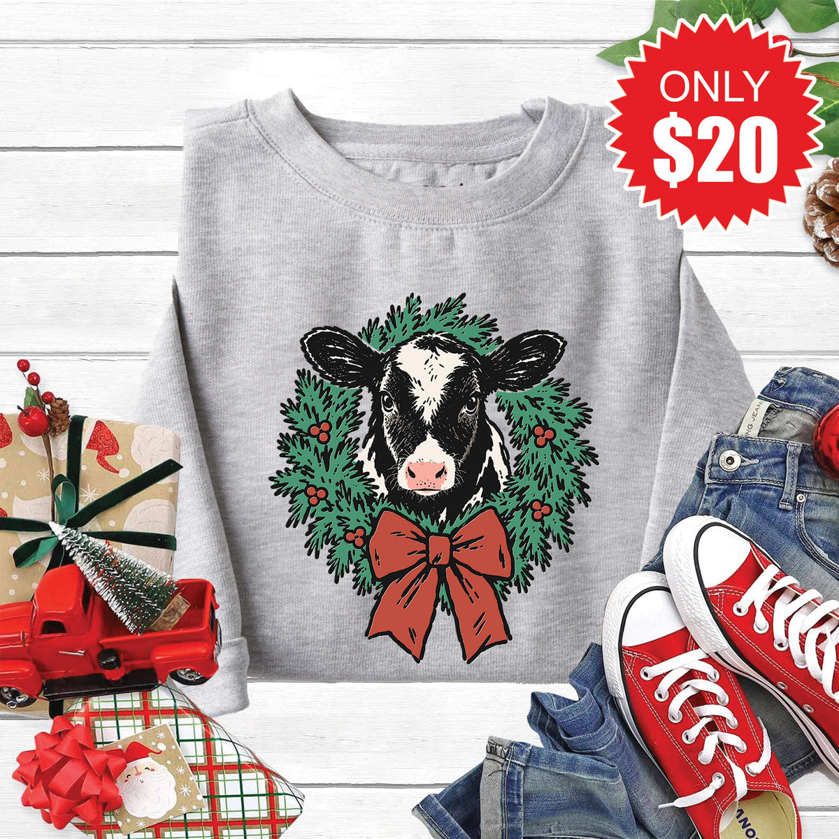 Christmas Cow Sweatshirt - Heather Grey - 20 product image 1