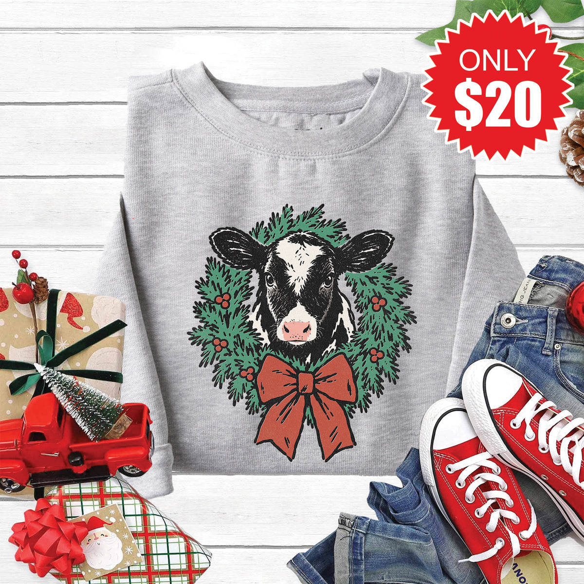 Christmas Cow Sweatshirt - Heather Grey - 20 product image 1