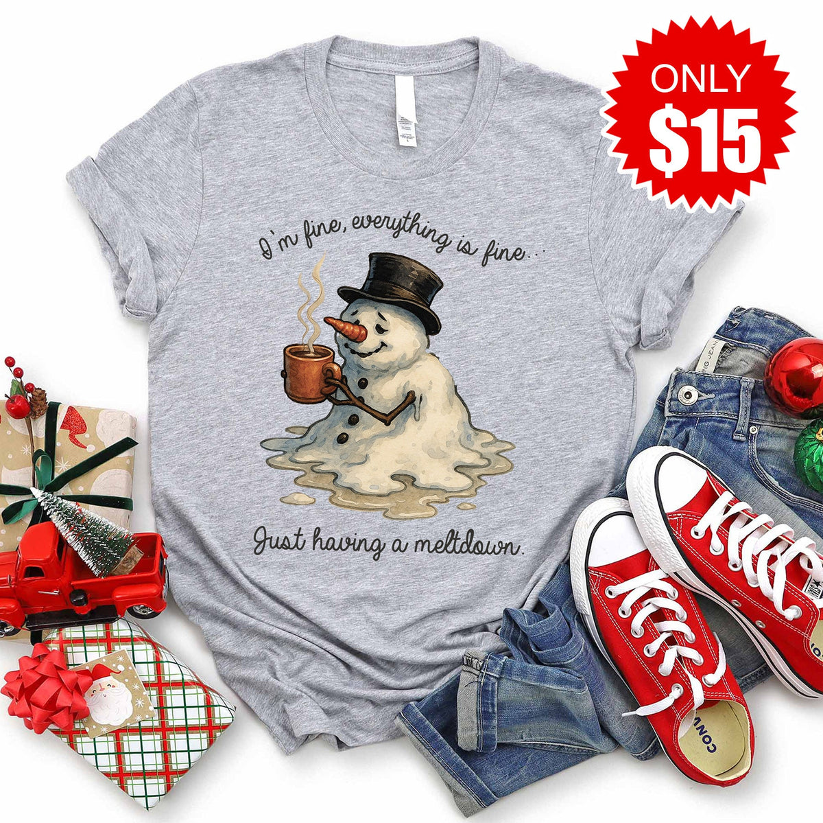 Everything Is Fine Snowman Tee - Heather Grey - 15 product image 1