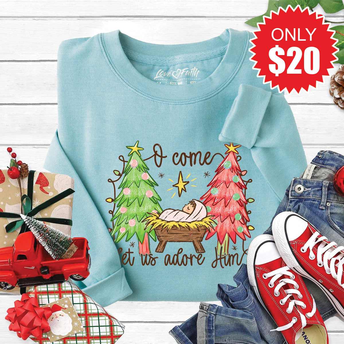 O Come Let Us Adore Him Sweatshirt - Heather Lagoon - 20 product image 1