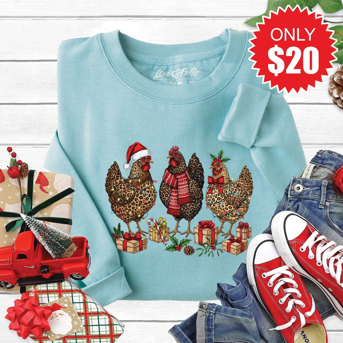 Christmas Chickens Sweatshirt - Heather Lagoon - 20 product image 1