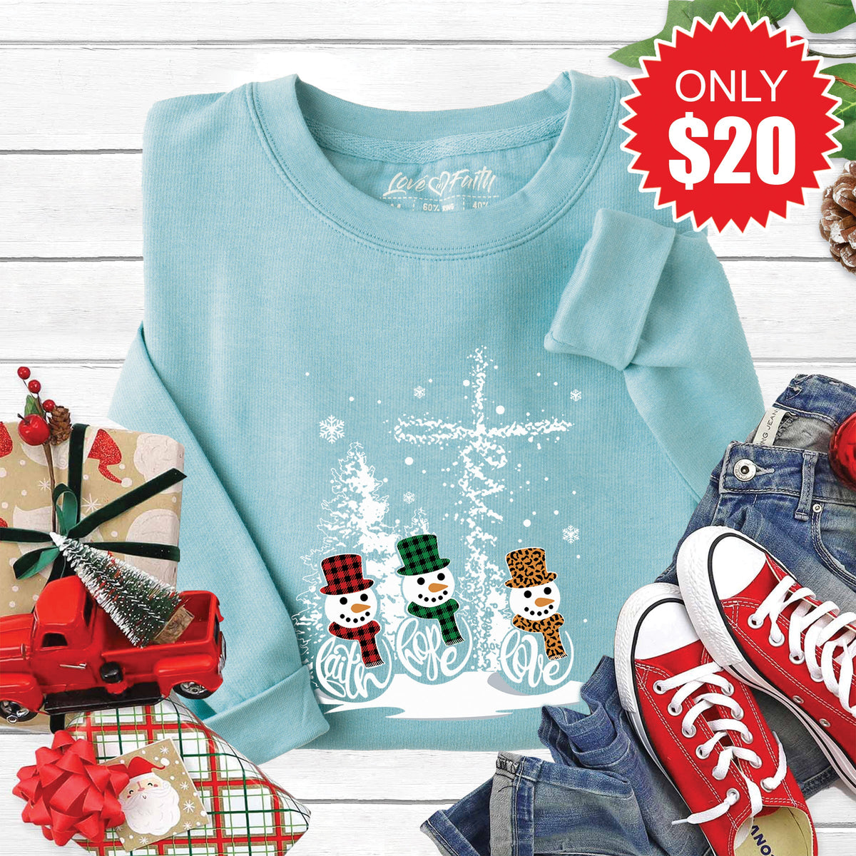 Faith Hope Love Snowmen Sweatshirt - Heather Lagoon - 20 product image 1