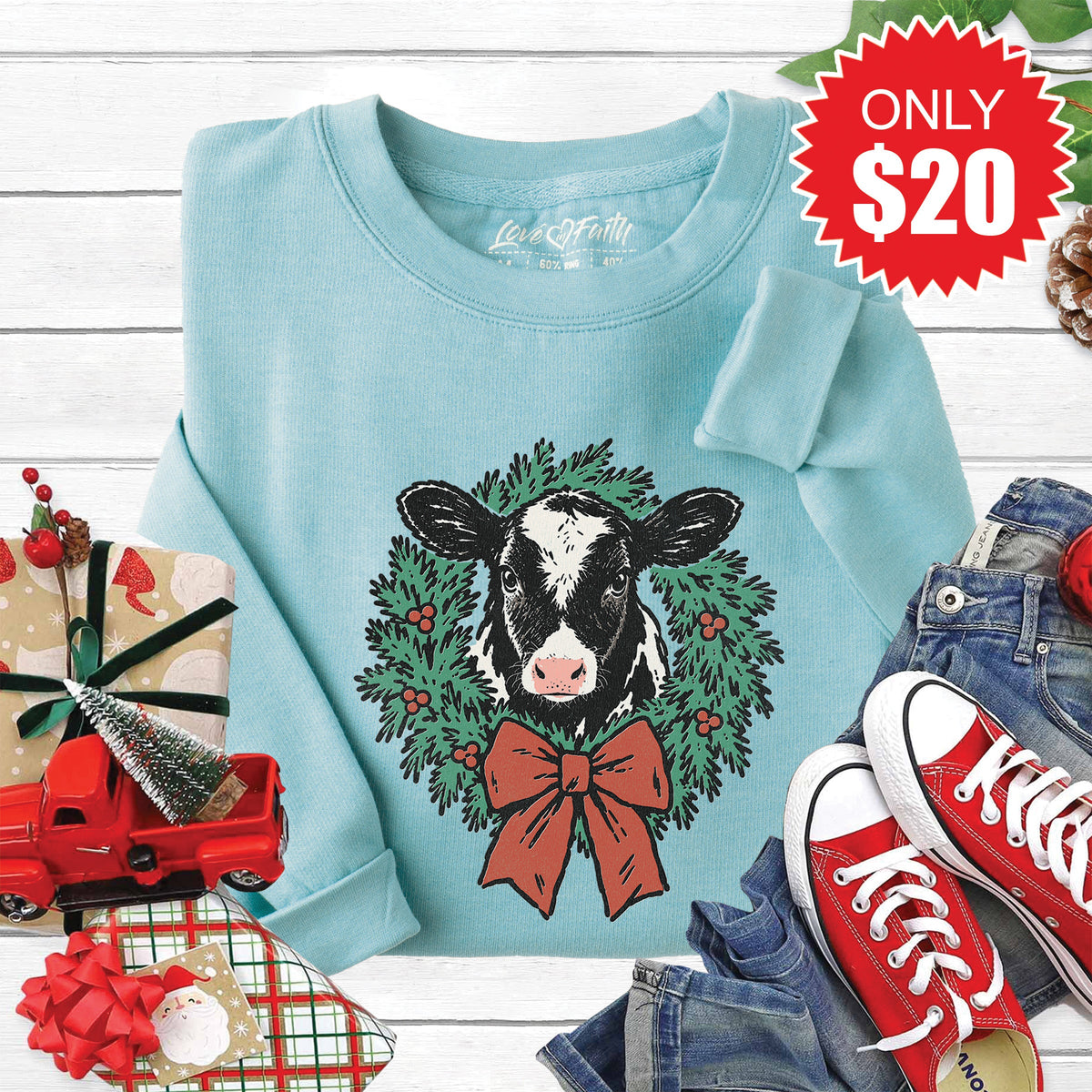 Christmas Cow Sweatshirt - Heather Lagoon - 20 product image 1