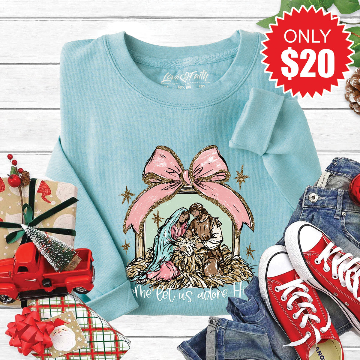 O Come Let Us Adore Him Sweatshirt - Heather Lagoon - 20 product image 1