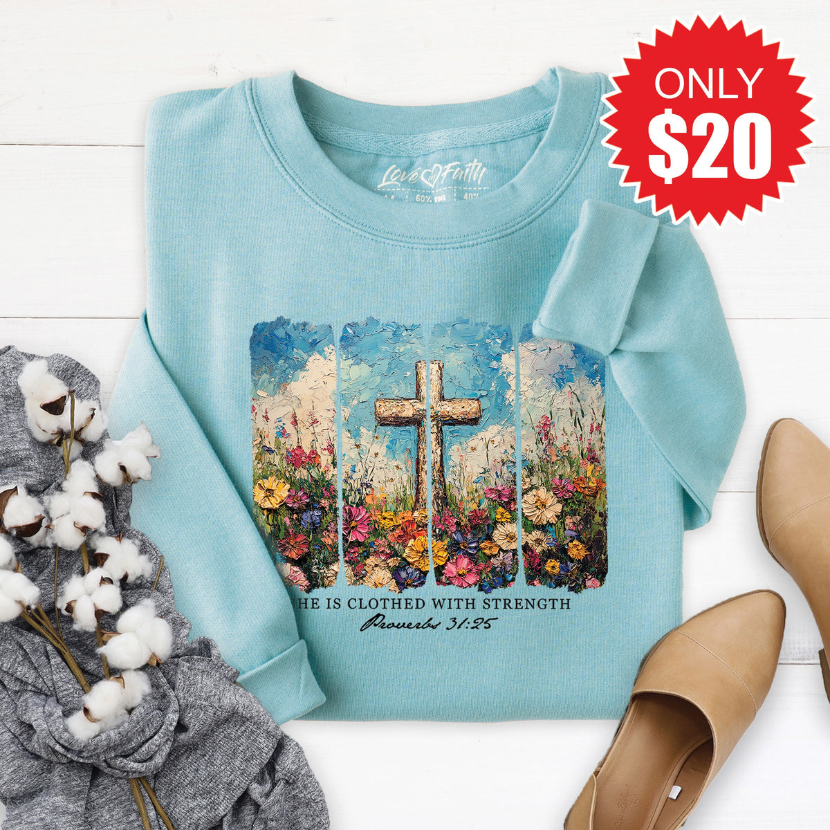 She Is Clothed With Strength Sweatshirt - Heather Lagoon product image 1