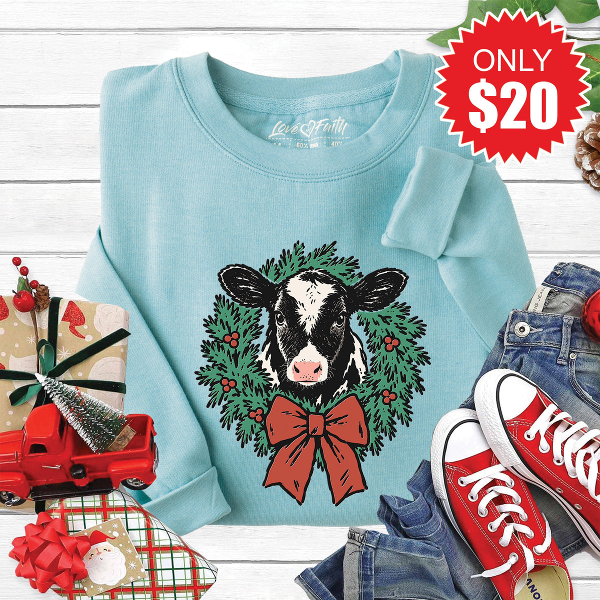 Christmas Cow Sweatshirt - Heather Lagoon - 20 product image 1