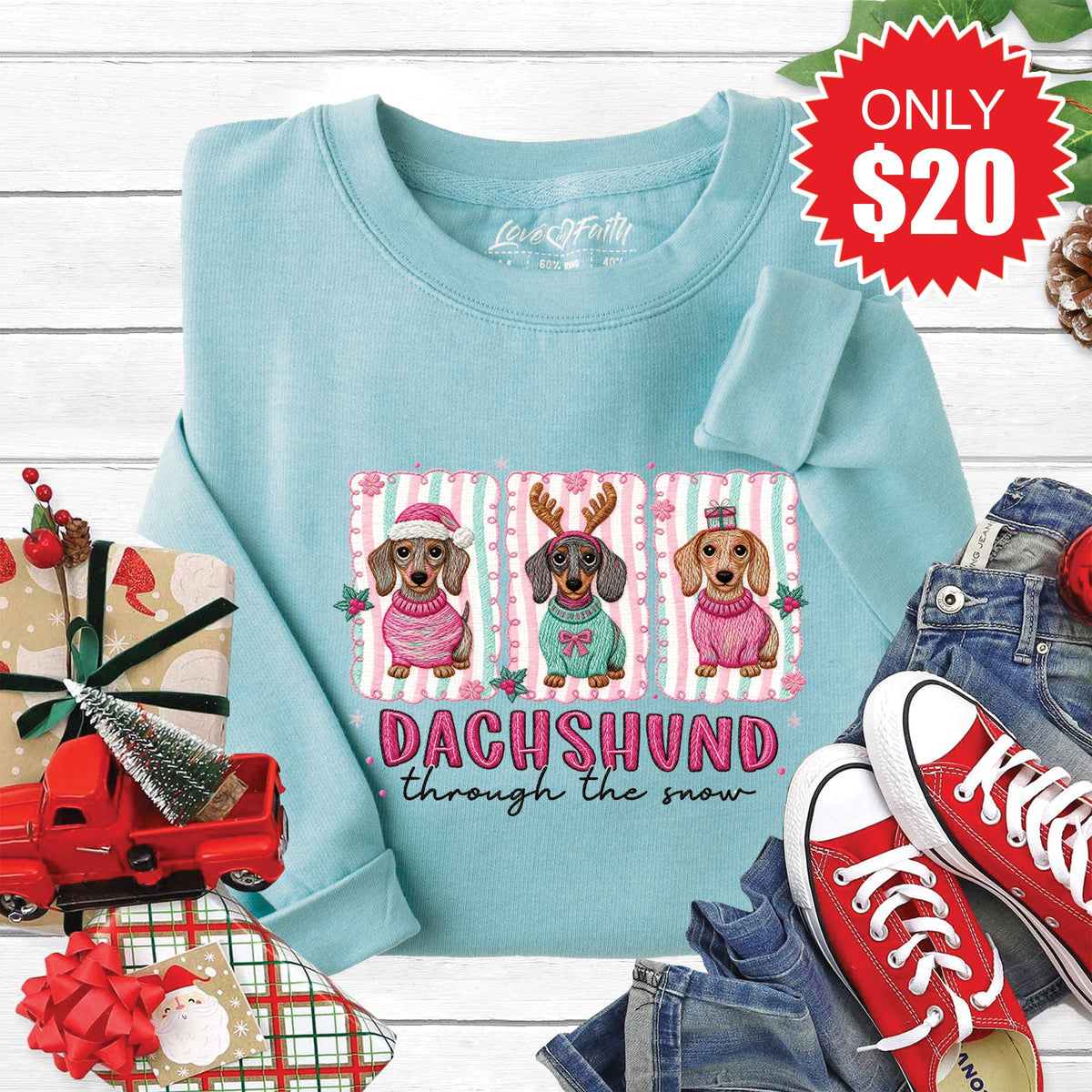 Dachshund Through The Snow Tee - Heather Lagoon - 15 product image 1