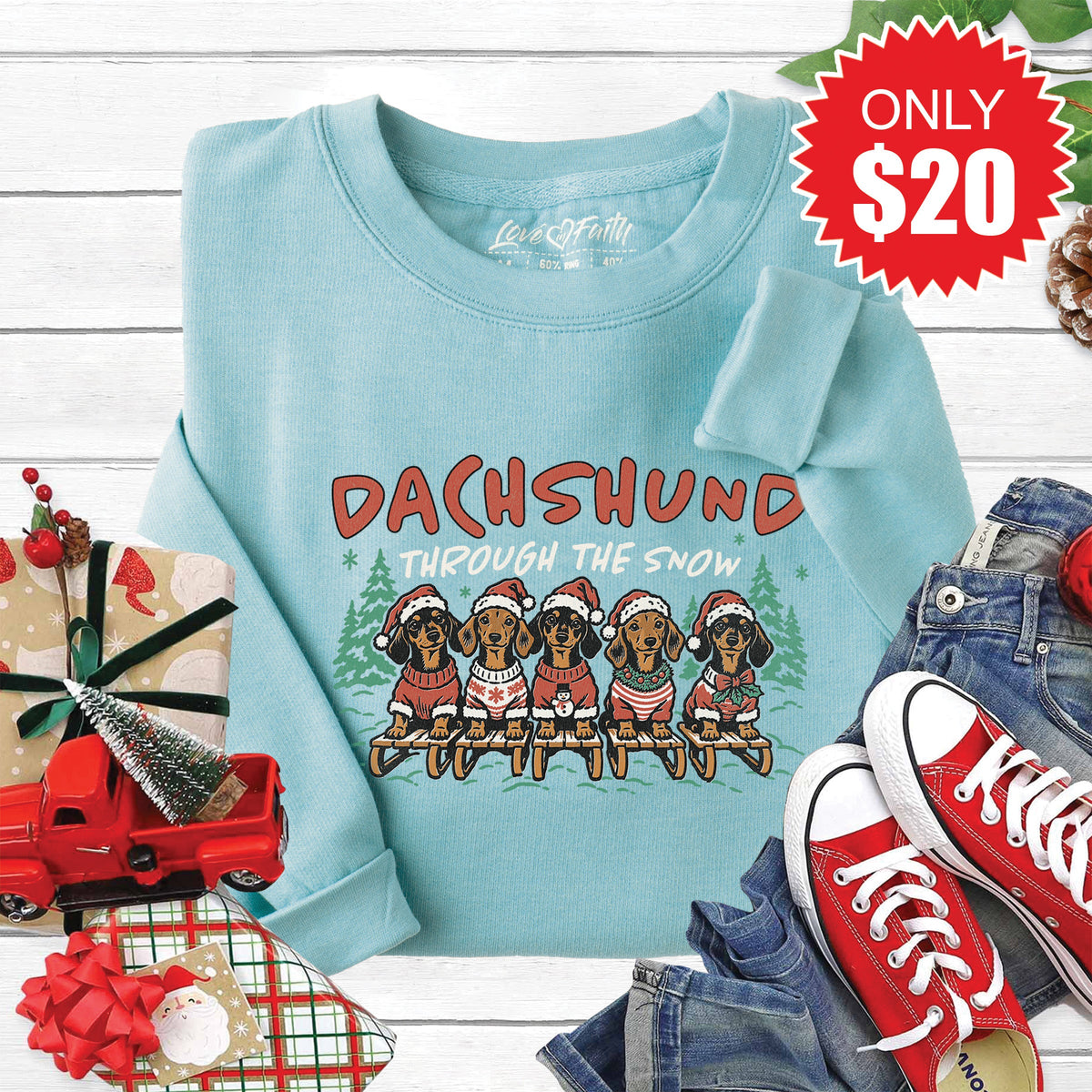Dachshund Through The Snow Sweatshirt - Heather Lagoon - 20 product image 1