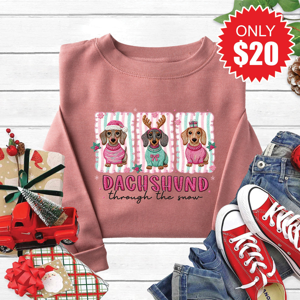 Dachshund Through The Snow Sweatshirt - Heather Mauve - 20 product image 1