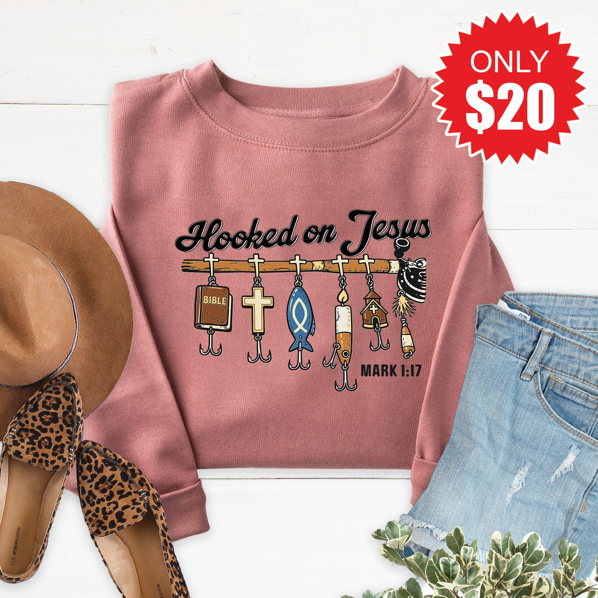 Hooked On Jesus Sweatshirt - Heather Mauve - 20 product image 1