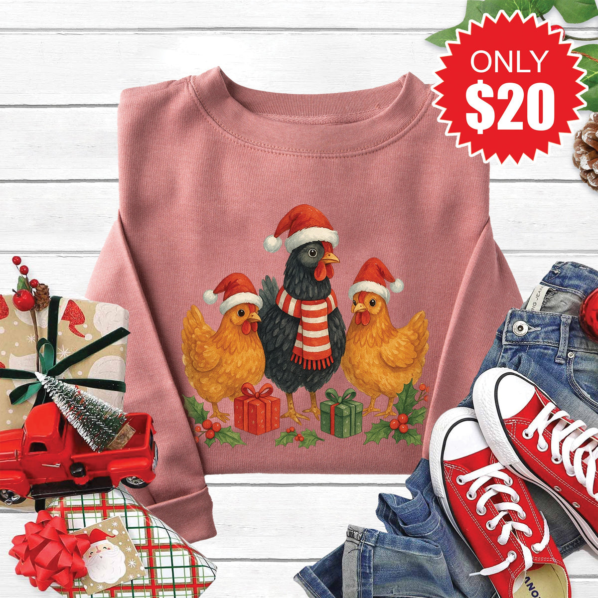 Christmas Chickens Sweatshirt - Heather Mauve - 20 product image 1
