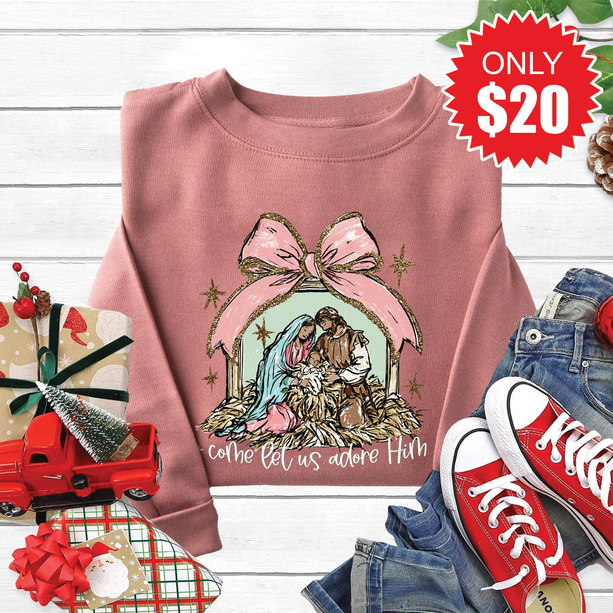 O Come Let Us Adore Him Sweatshirt - Heather Mauve - 20 product image 1