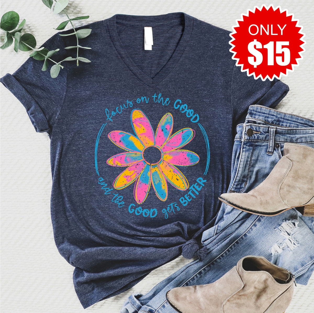 Focus On The Good V-Neck - Heather Navy - 15