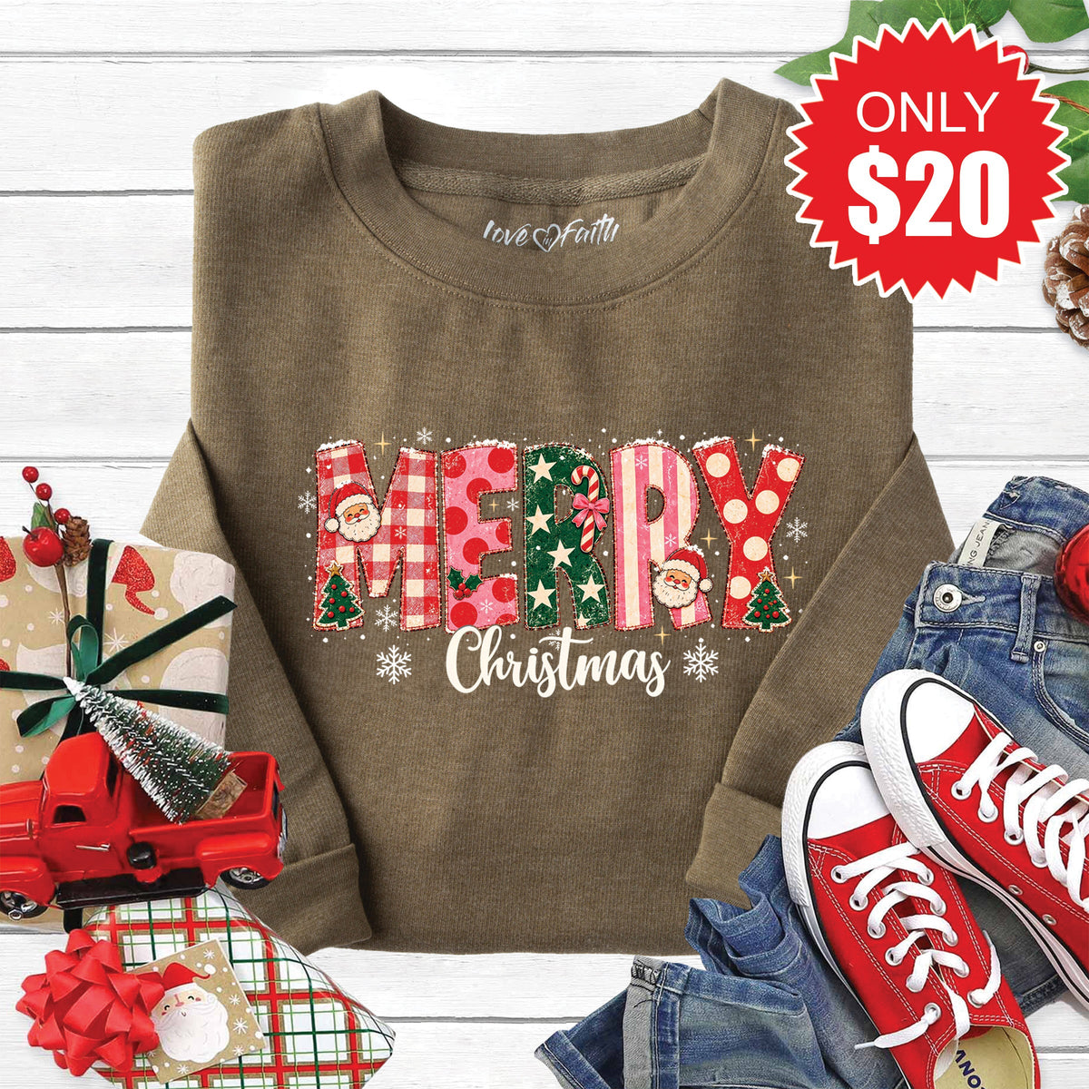 Merry Christmas Sweatshirt - Heather Olive - 20 product image 1