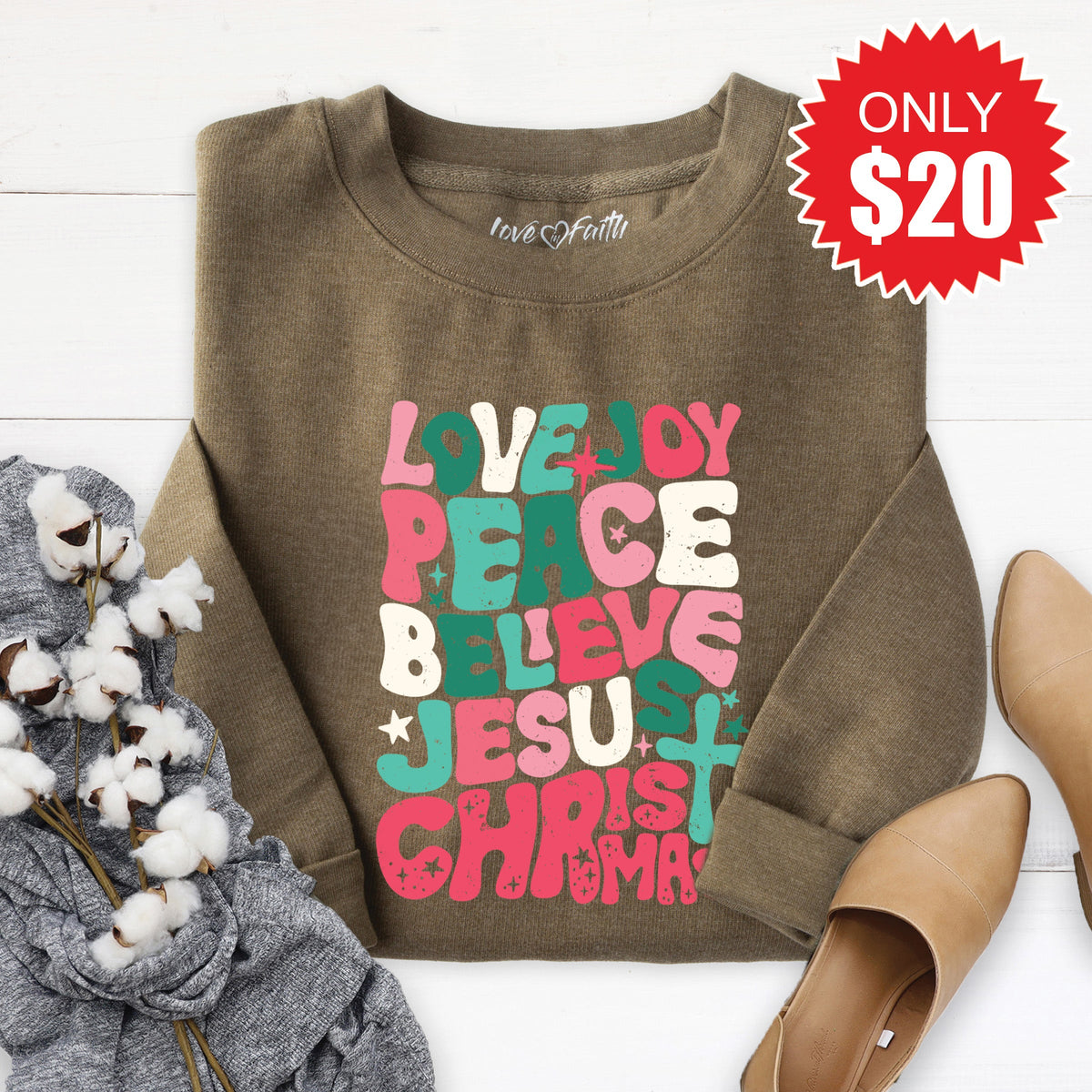 Joy Love Peace Stacked Sweatshirt - Heather Olive - 20 product image 1