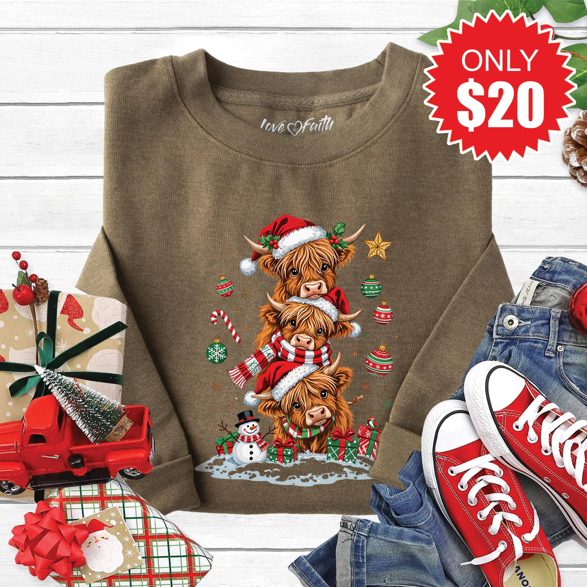 Christmas Cows Sweatshirt - Heather Olive - 20 product image 1