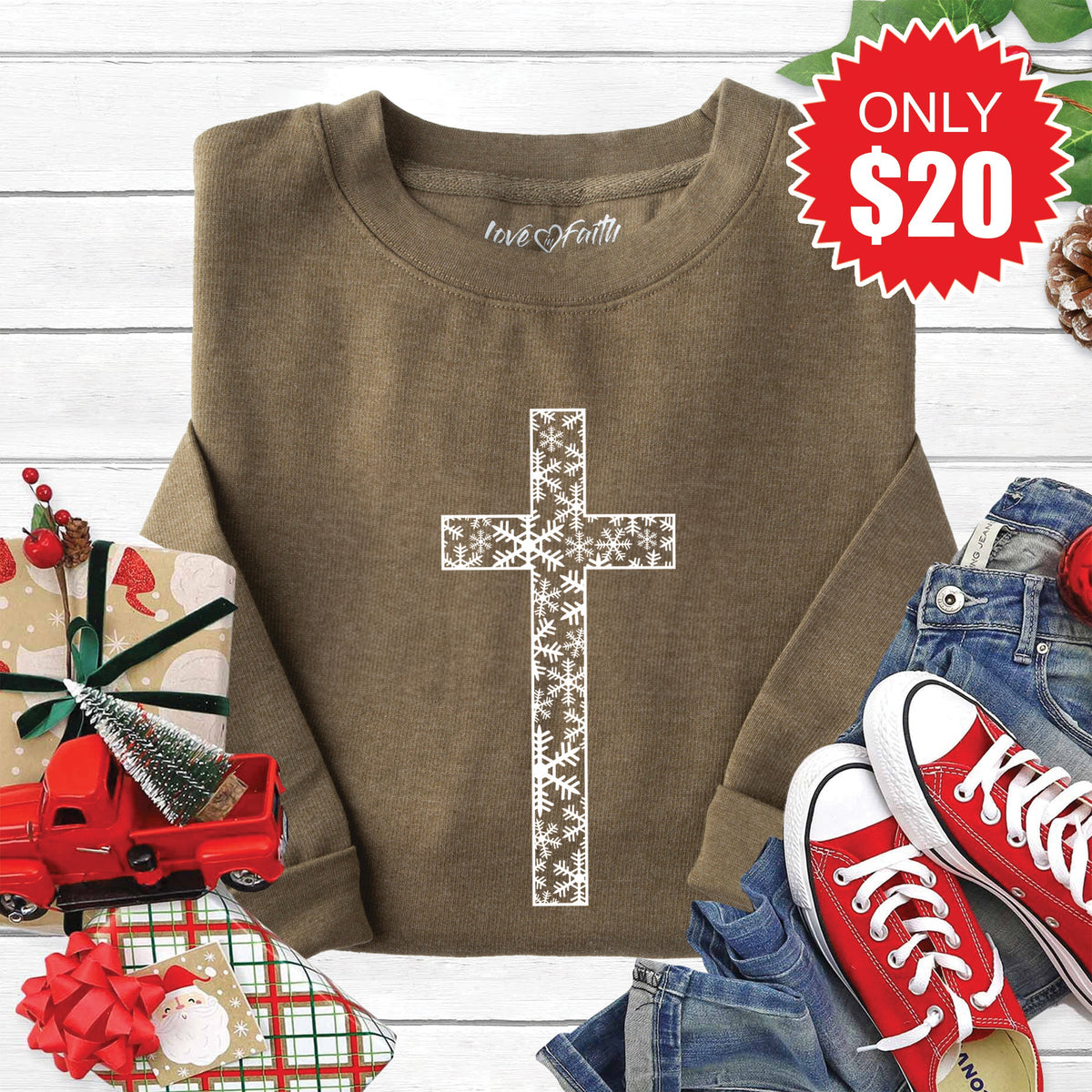 Christmas Cross Sweatshirt - Heather Olive - 20 product image 1