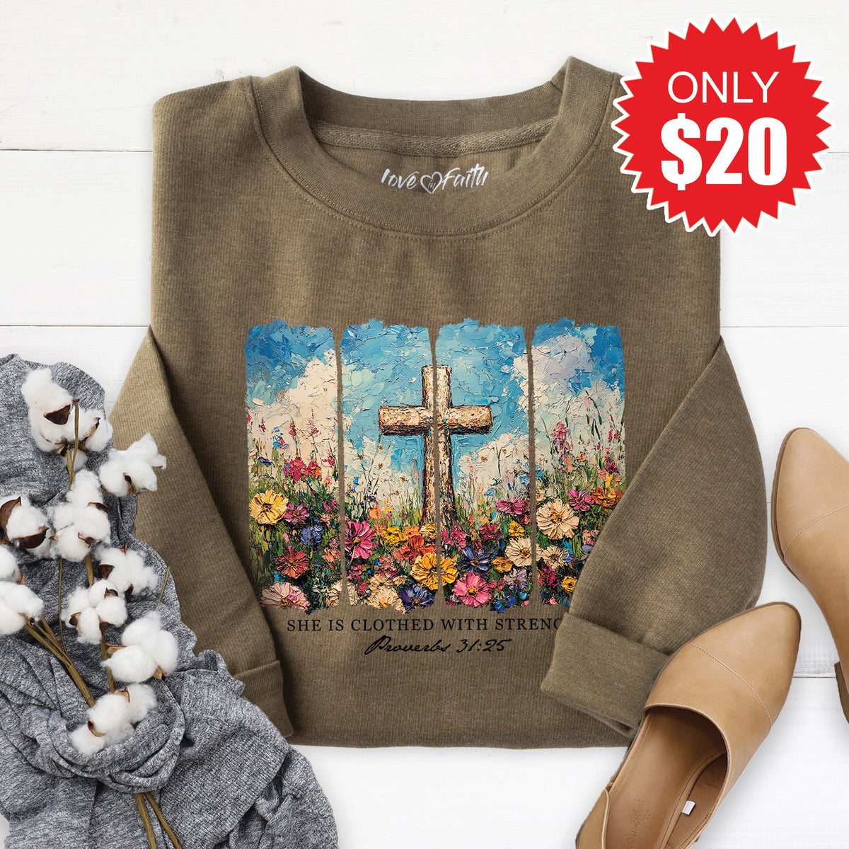 She Is Clothed With Strength Sweatshirt - Heather Olive - 20 product image 1