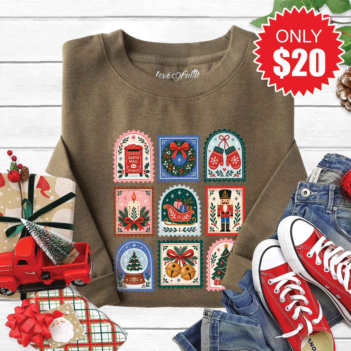 Christmas Stamps Sweatshirt - Heather Olive - 20 product image 1