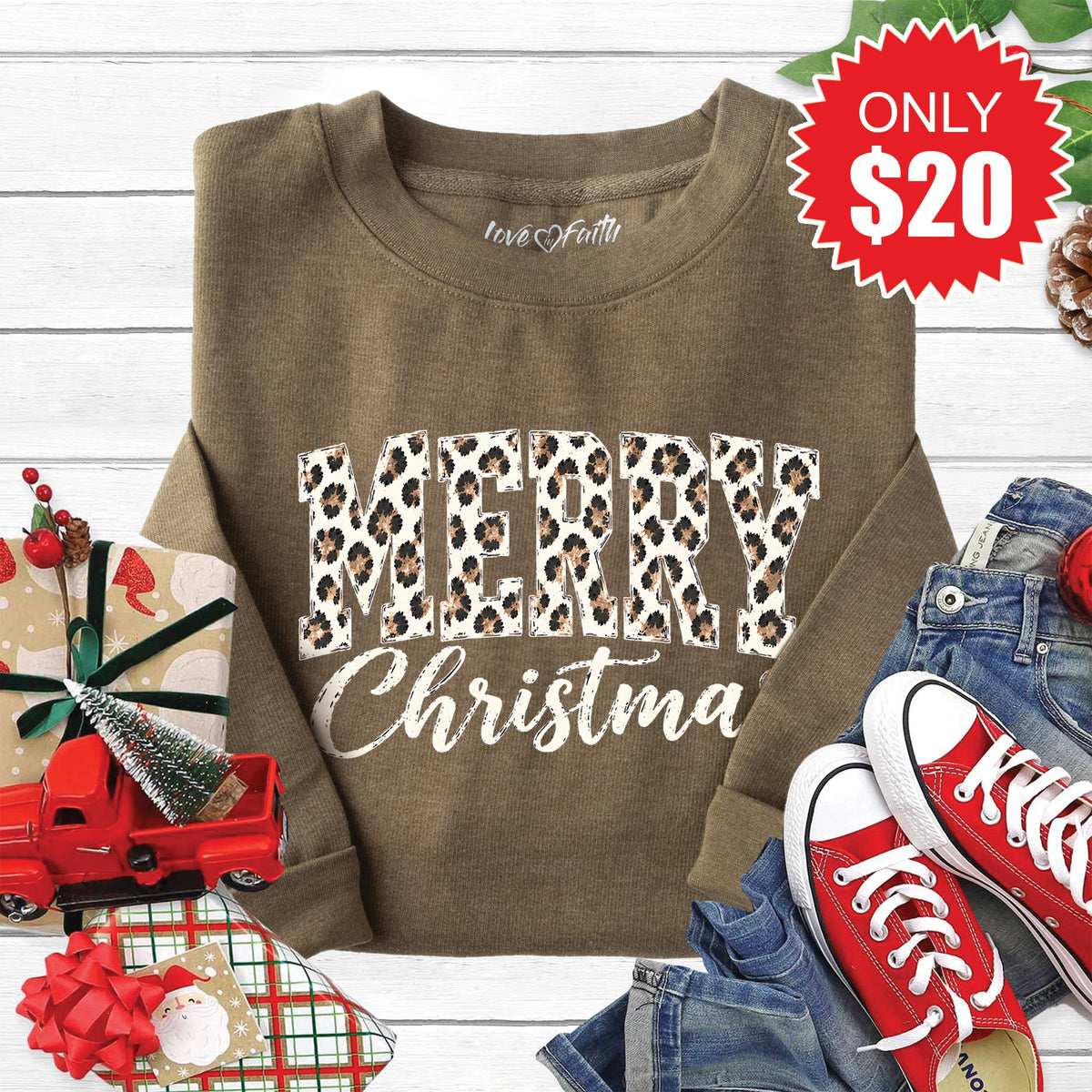 Merry Christmas Sweatshirt - Heather Olive - 20 product image 1