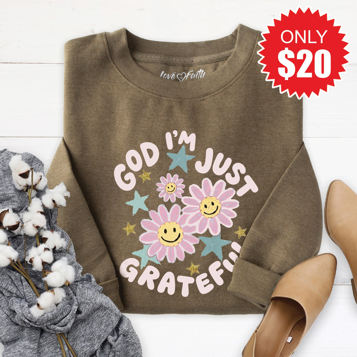 I'm Just Grateful Sweatshirt - Heather Olive - 20 product image 1