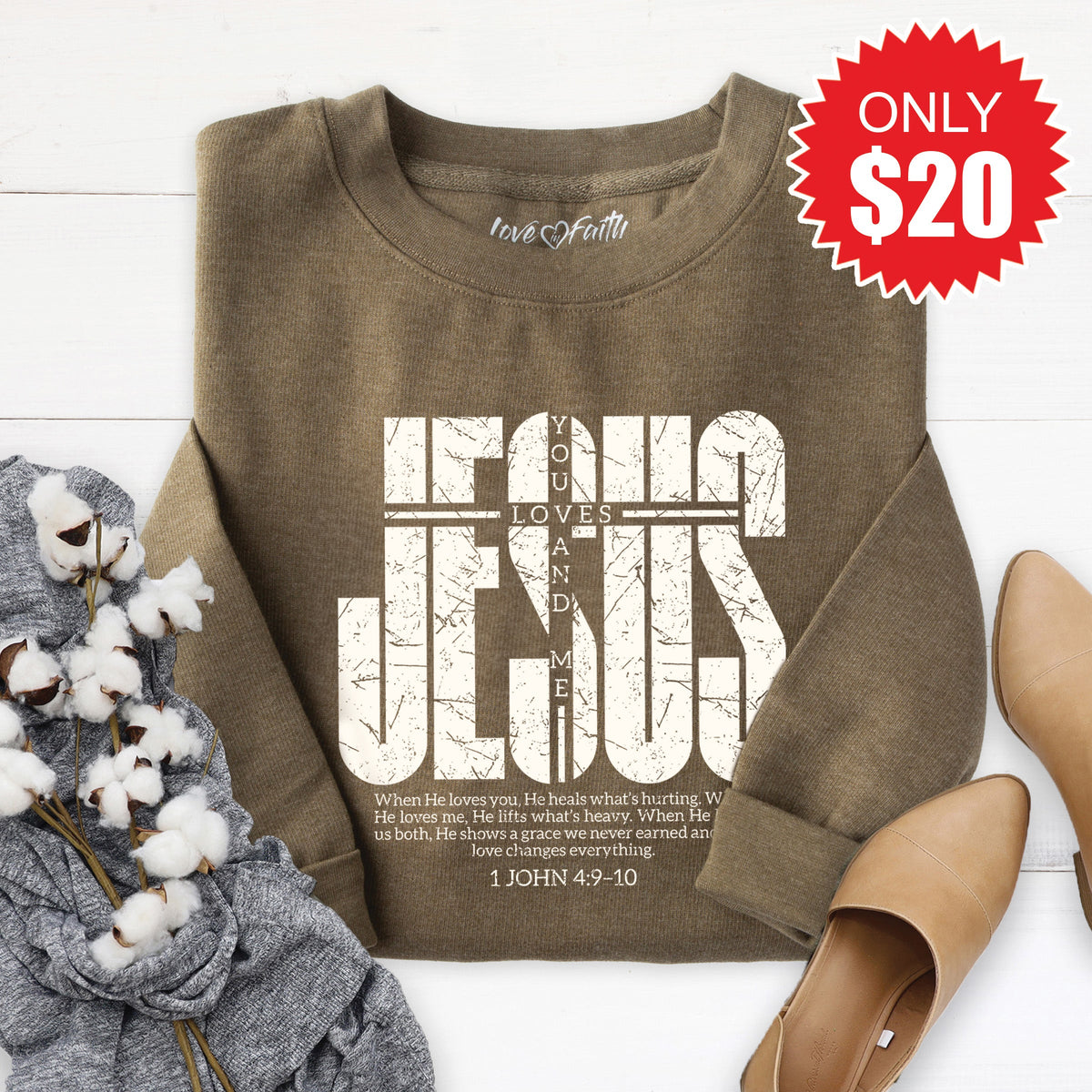 Jesus Loves You and Me Sweatshirt - Heather Olive - 20 product image 1