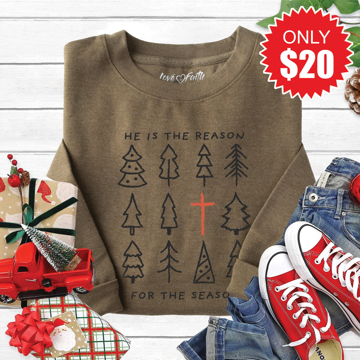 He Is The Reason Sweatshirt - Heather Olive - 20 product image 1