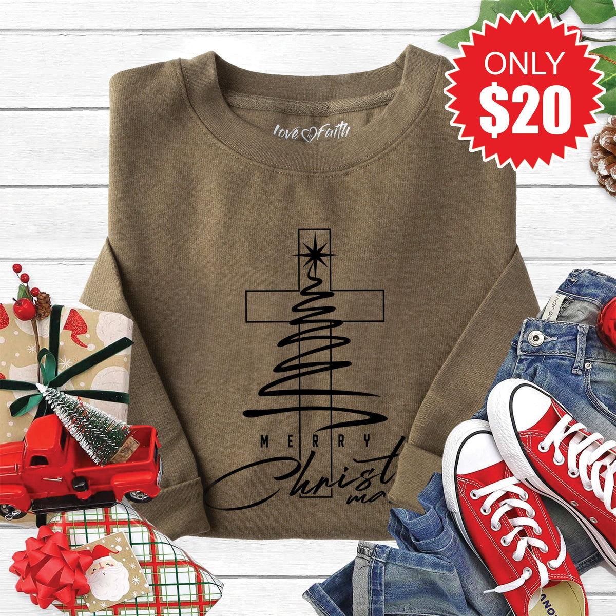 Merry Christmas Sweatshirt - Heather Olive - 20 product image 1