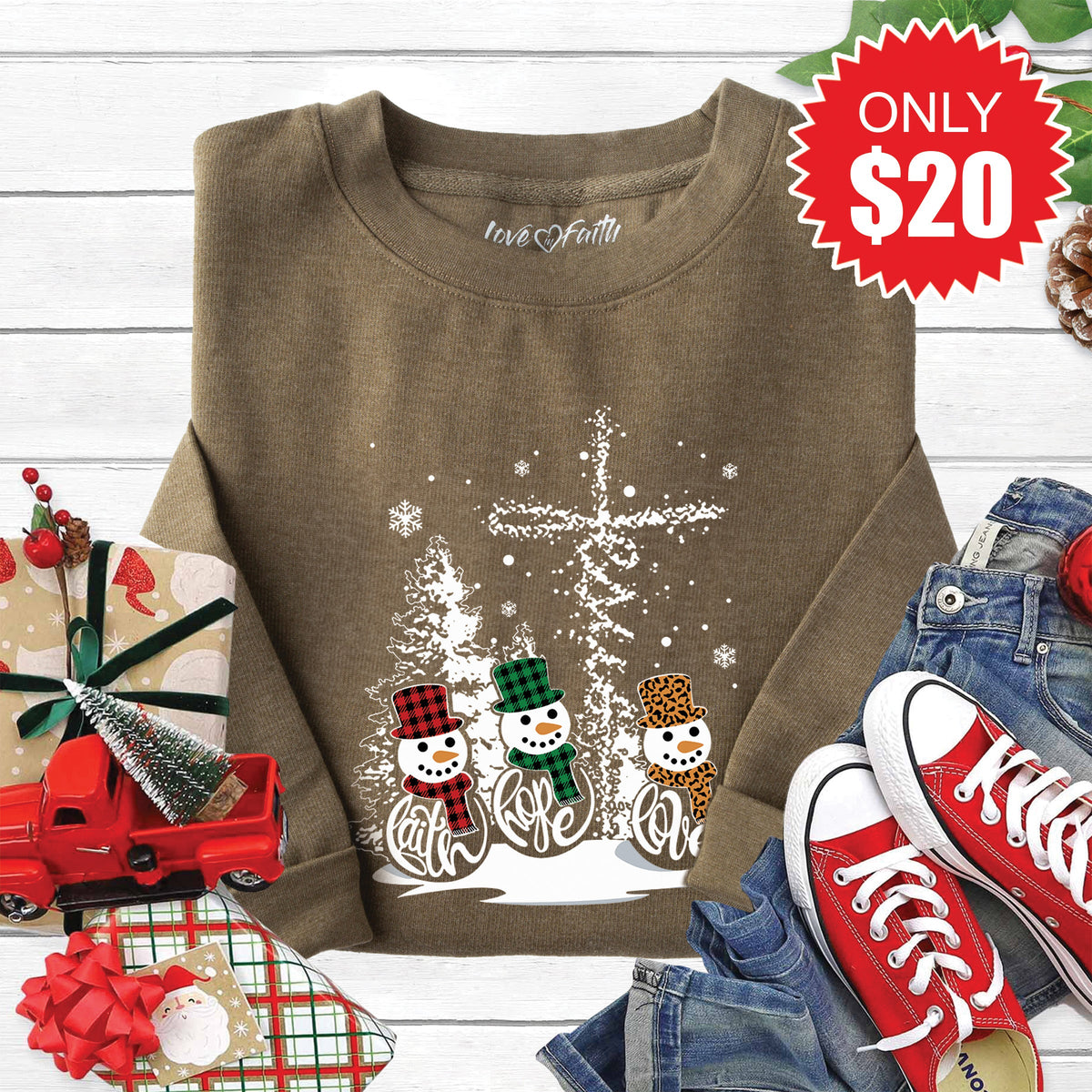 Faith Hope Love Snowmen Sweatshirt - Heather Olive - 20 product image 1