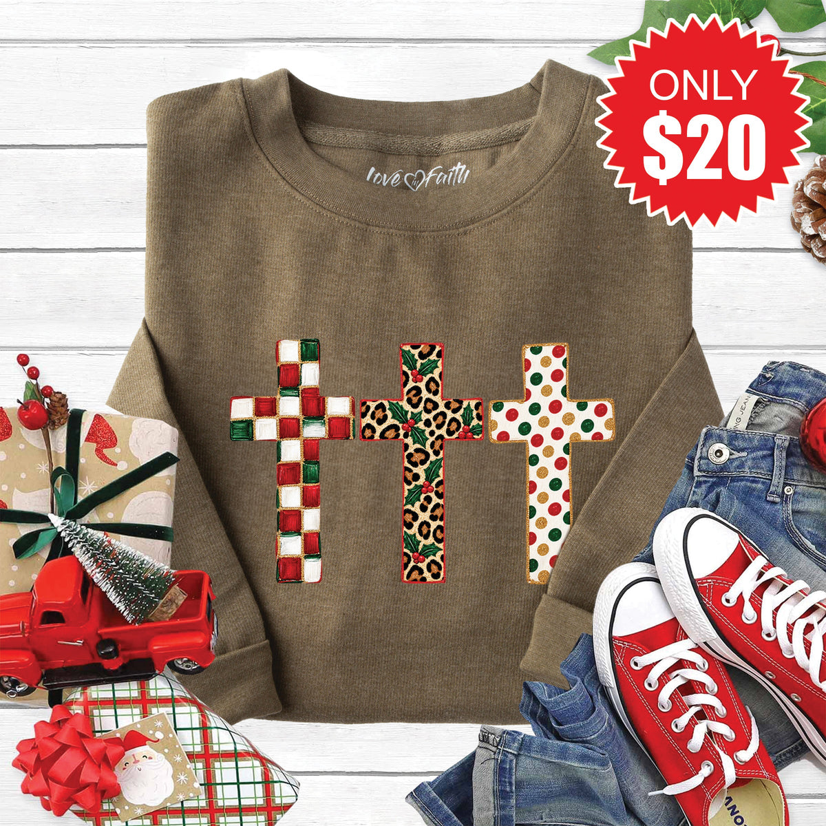 Christmas Crosses Sweatshirt - Heather Olive - 20 product image 1