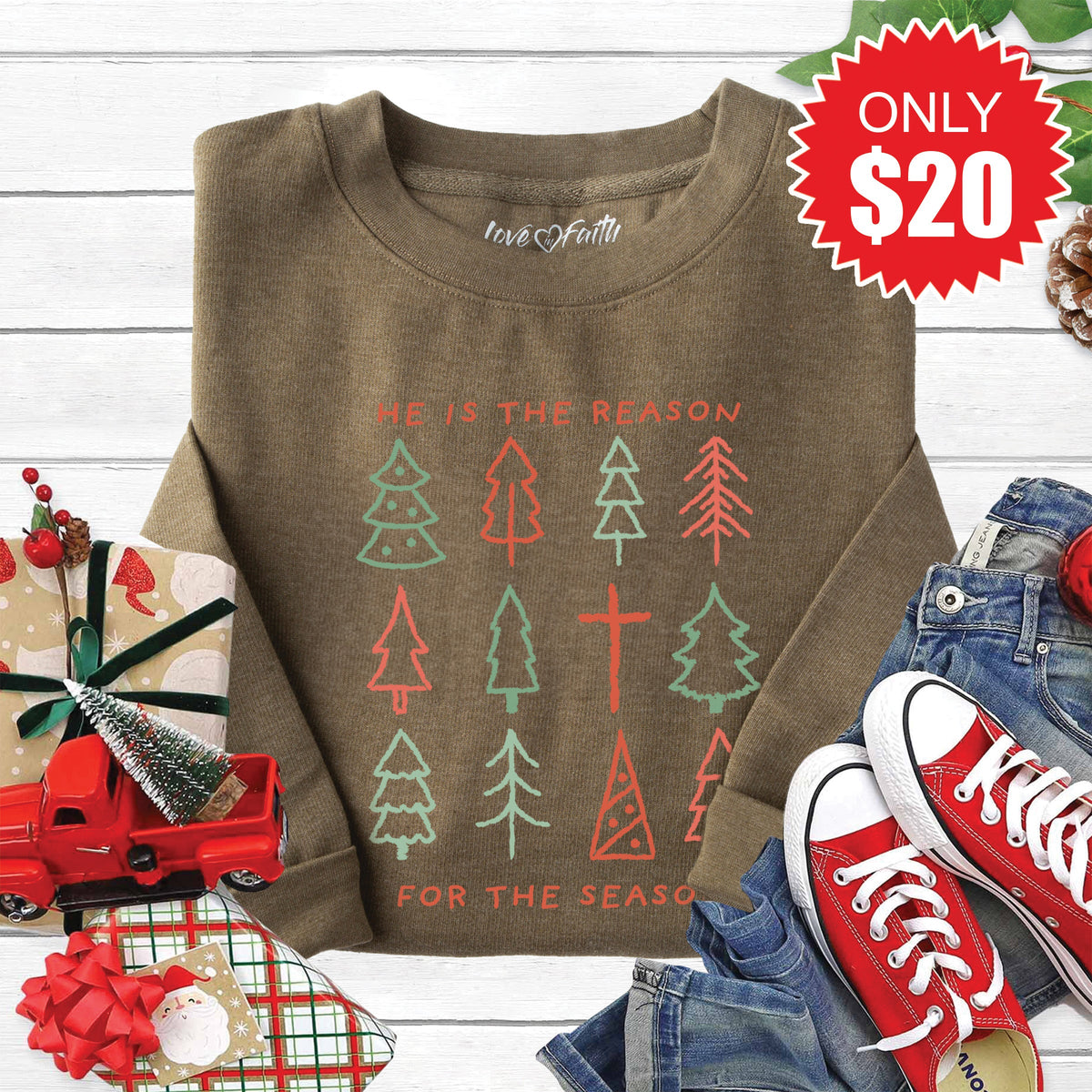 He Is The Reason Sweatshirt - Heather Olive - 20 product image 1