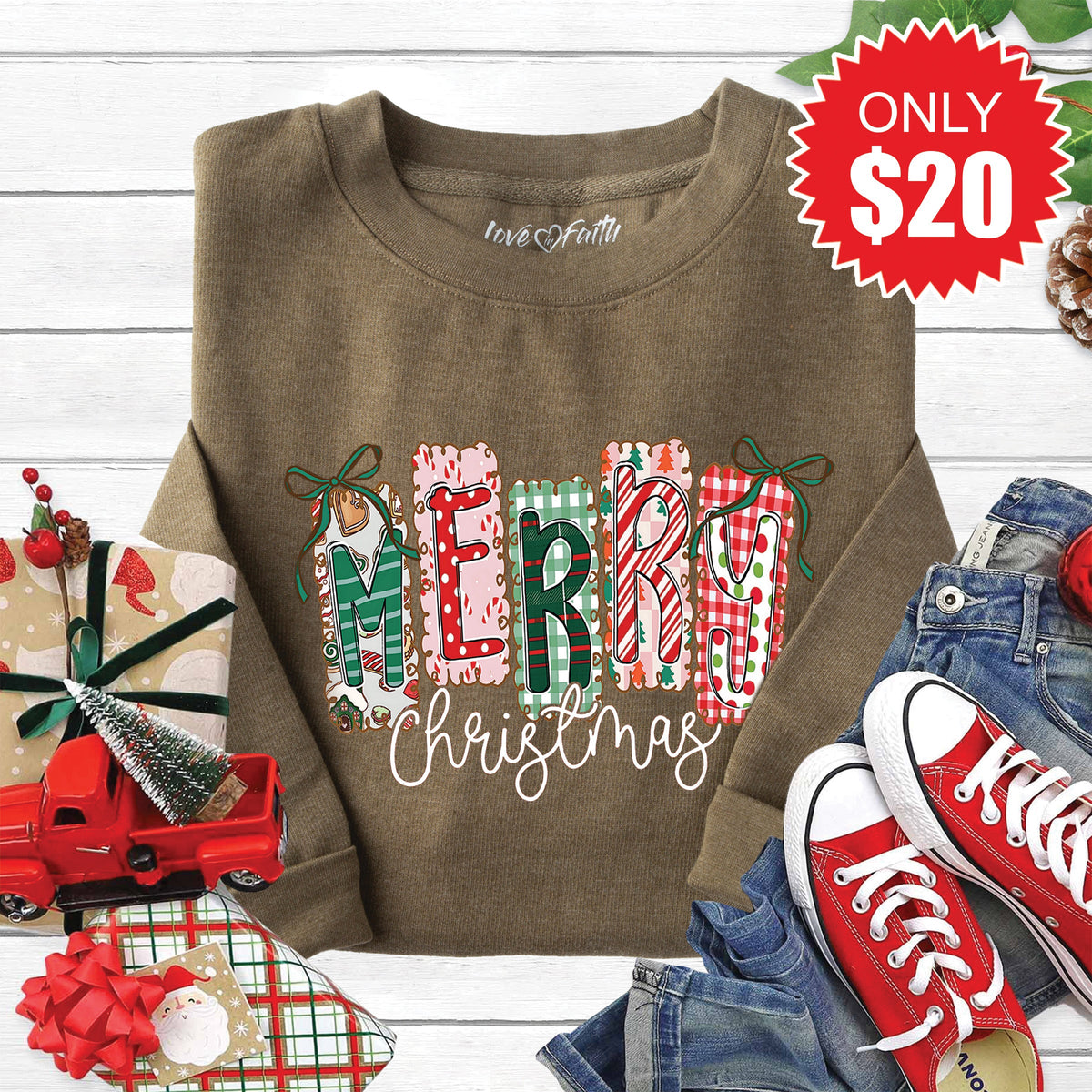 Merry Christmas Sweatshirt - Heather Olive - 20 product image 1