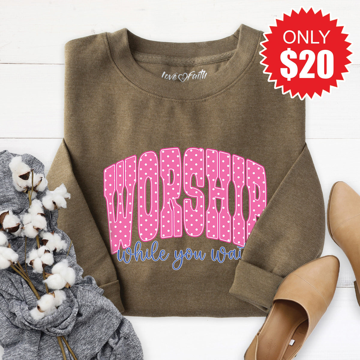 Worship While You Wait Sweatshirt - Heather Olive - 20 product image 1