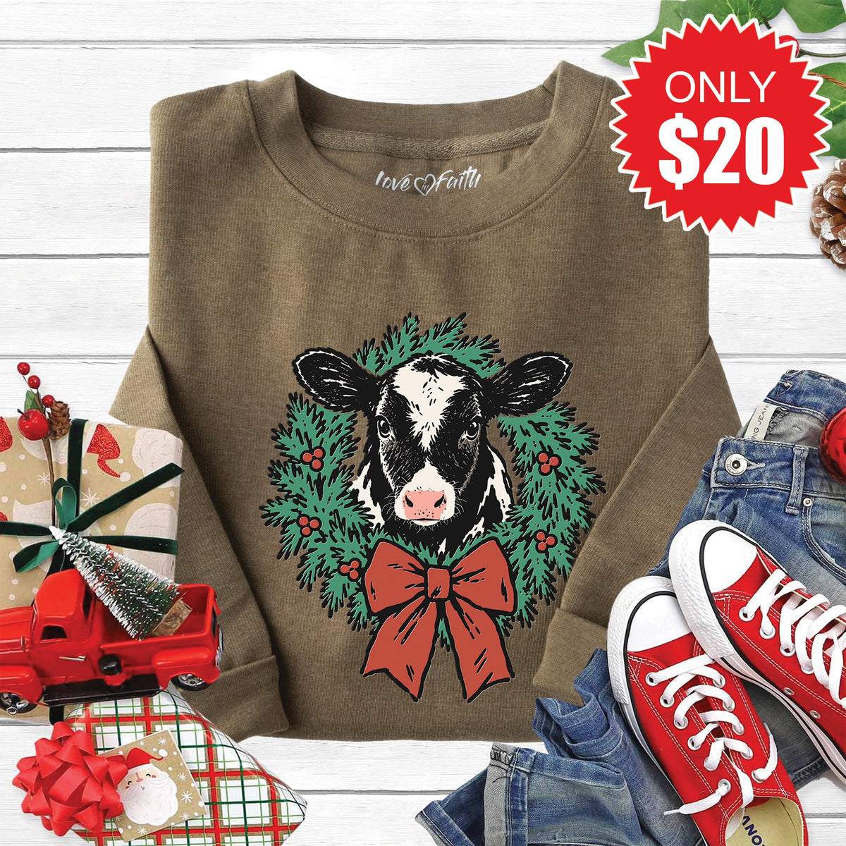 Christmas Cow Sweatshirt - Heather Olive - 20 product image 1