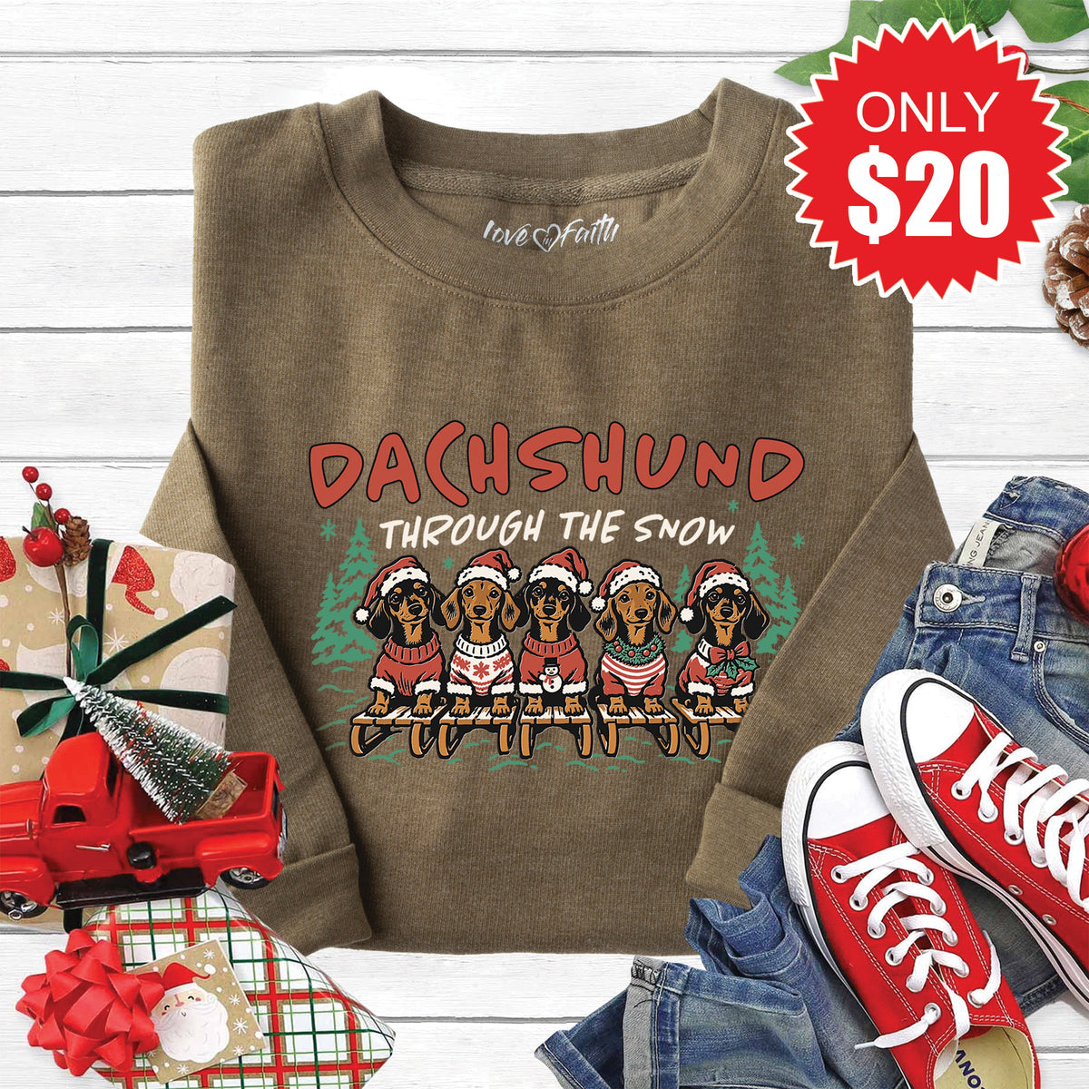 Dachshund Through The Snow Sweatshirt - Heather Olive - 20 product image 1