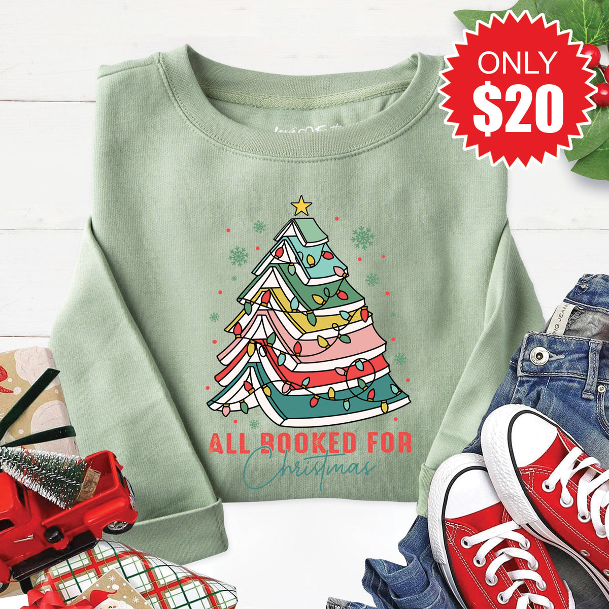 All Booked for Christmas Sweatshirt - Heather Sage - 20 product image 1
