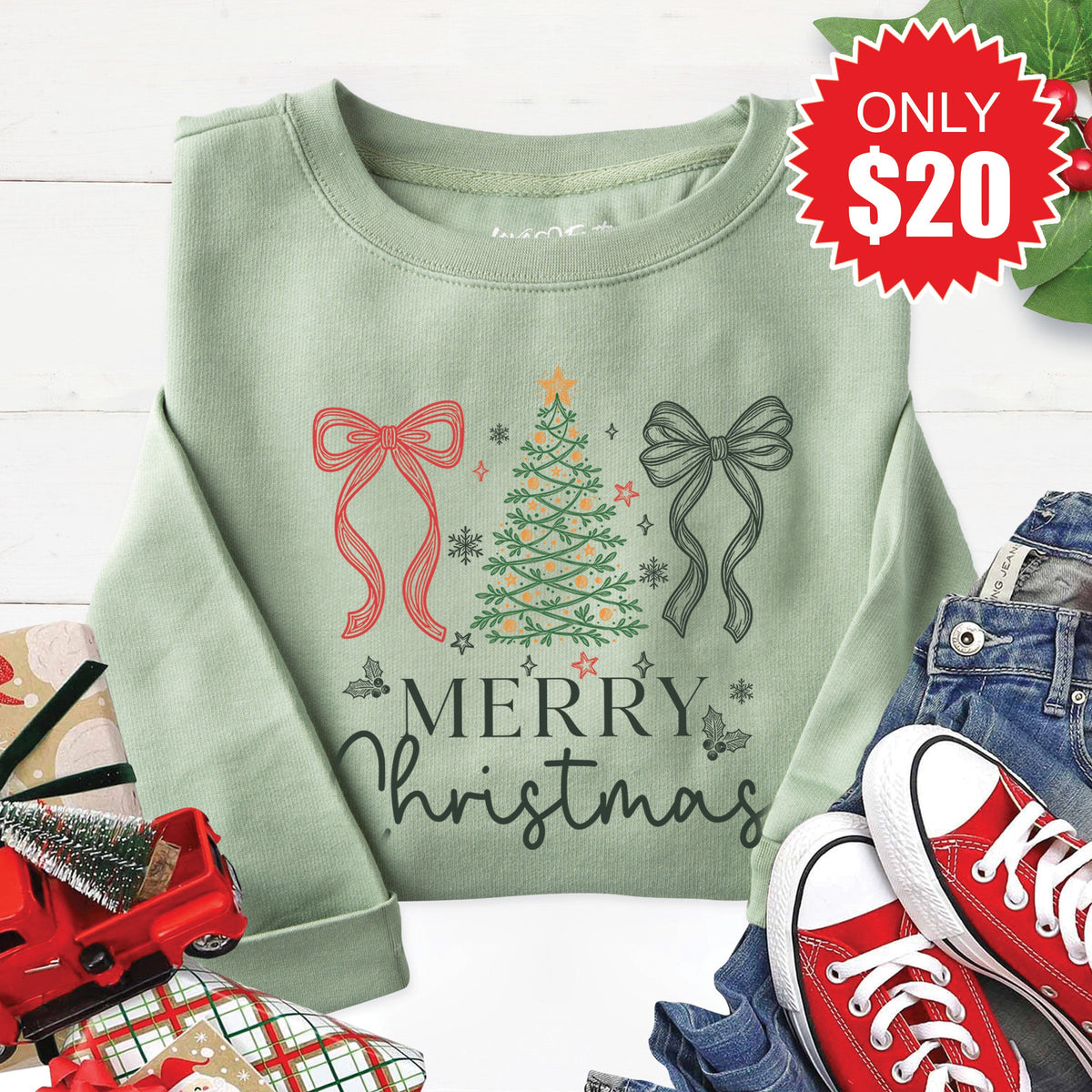 Merry Christmas Sweatshirt - Heather Sage - 20 product image 1