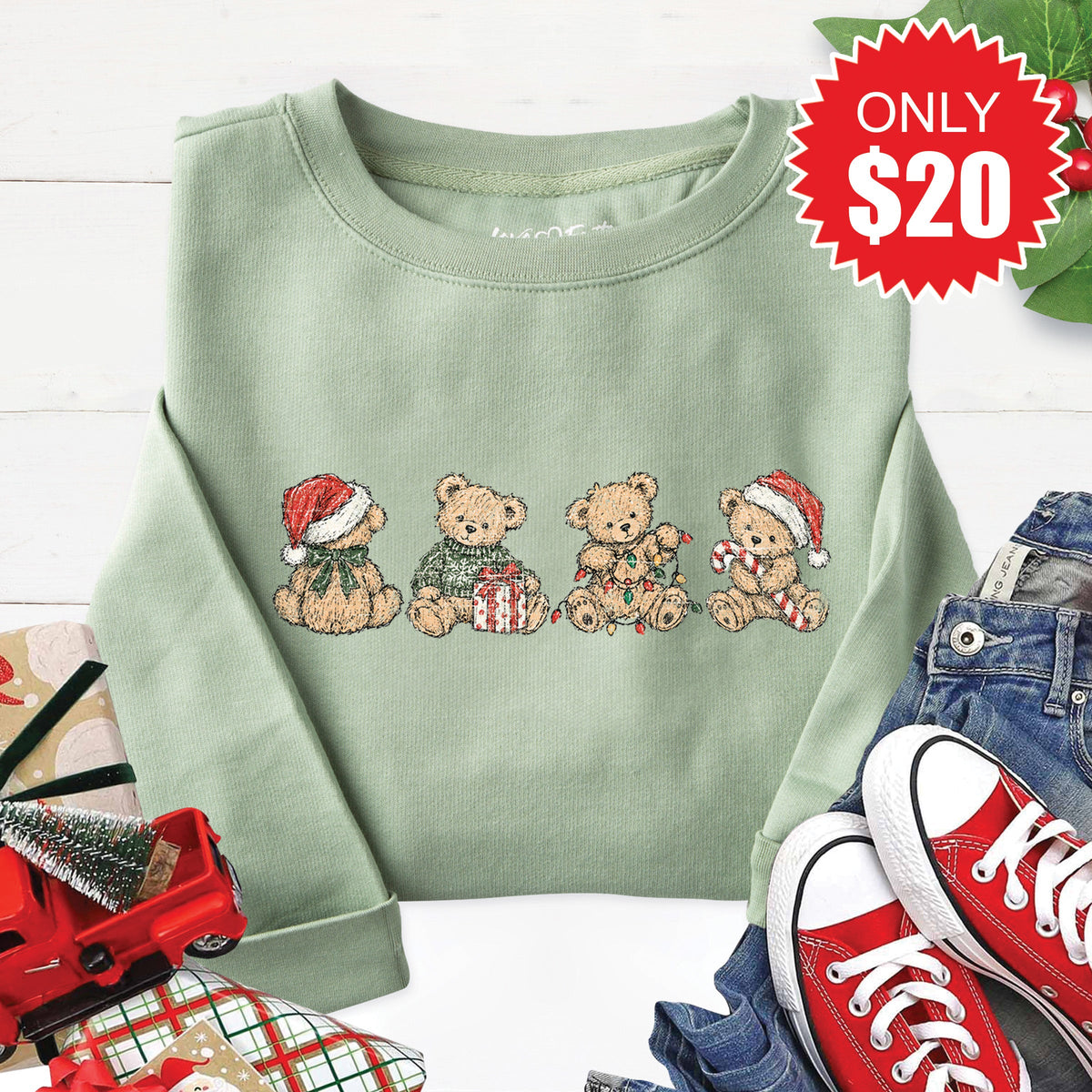 Christmas Bears Sweatshirt - Heather Sage - 20 product image 1