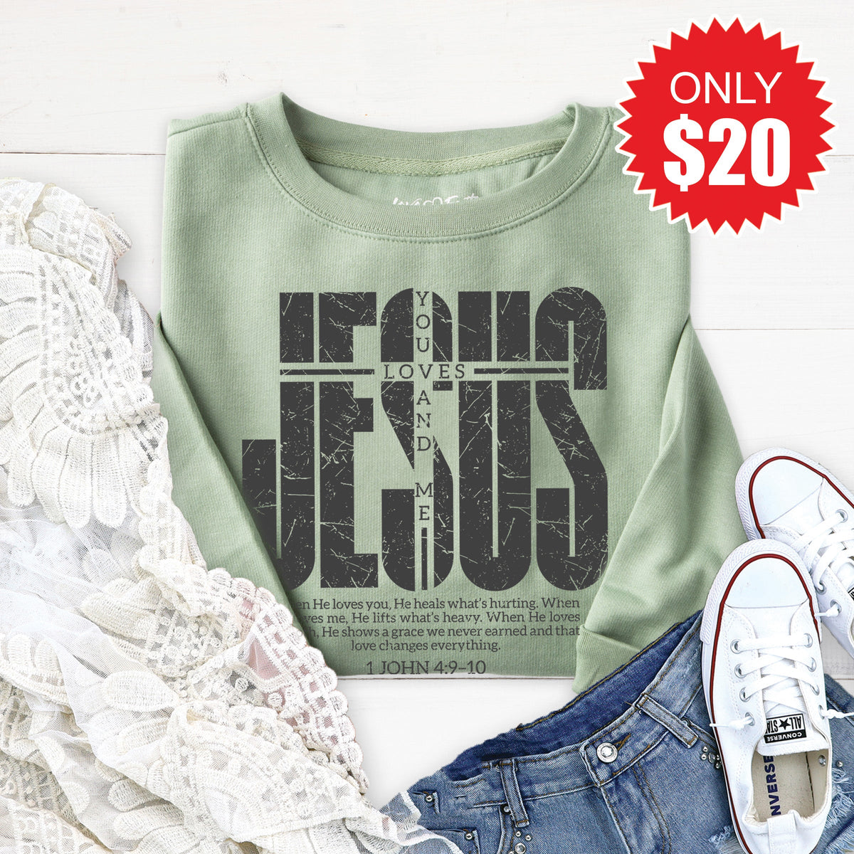 Jesus Loves You and Me Sweatshirt - Heather Sage - 20 product image 1