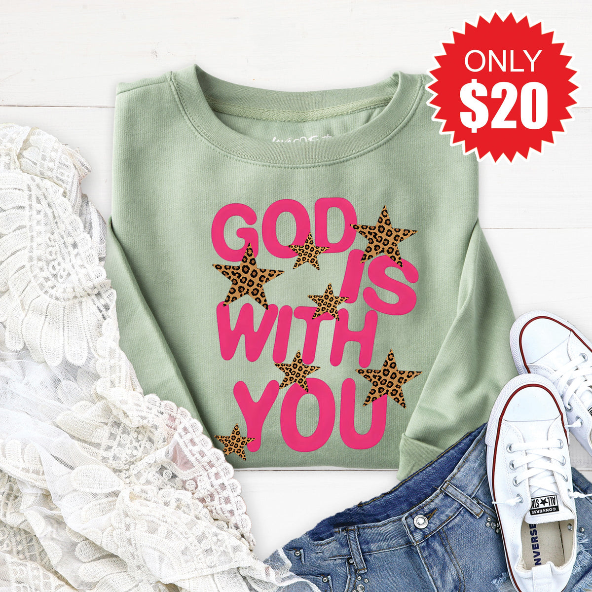 God Is With You Sweatshirt - Heather Sage - 20 product image 1