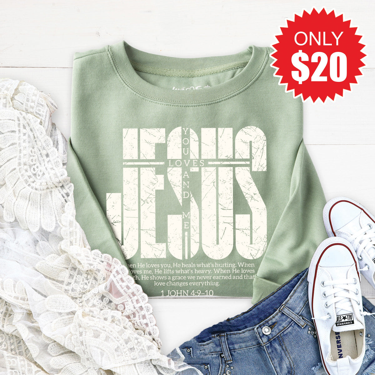 Jesus Loves You and Me Sweatshirt - Heather Sage - 20 product image 1