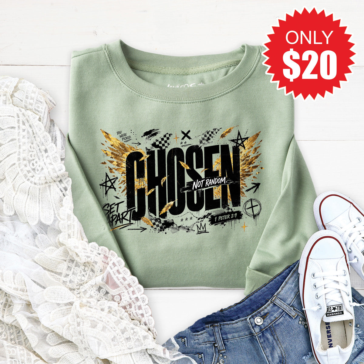 Chosen Not Random Sweatshirt - Heather Sage - 20 product image 1