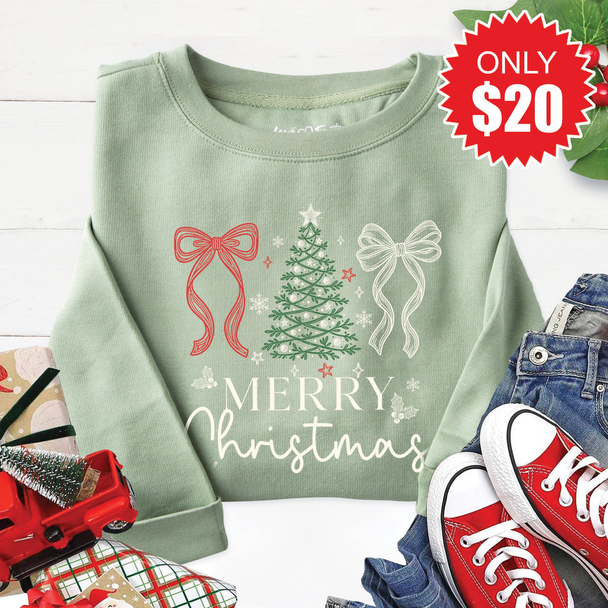 Merry Christmas Sweatshirt - Heather Sage - 20 product image 1