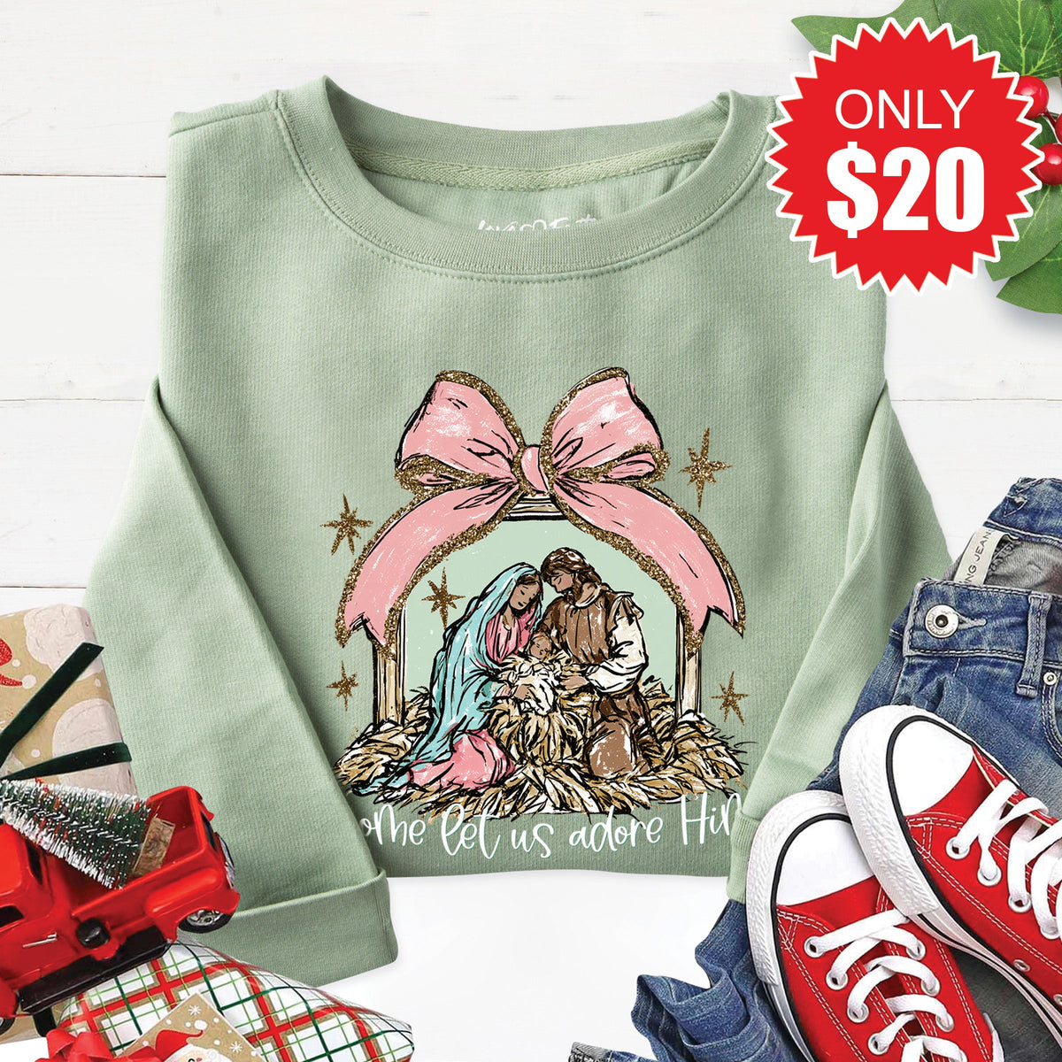 O Come Let Us Adore Him Sweatshirt - Heather Sage - 20 product image 1