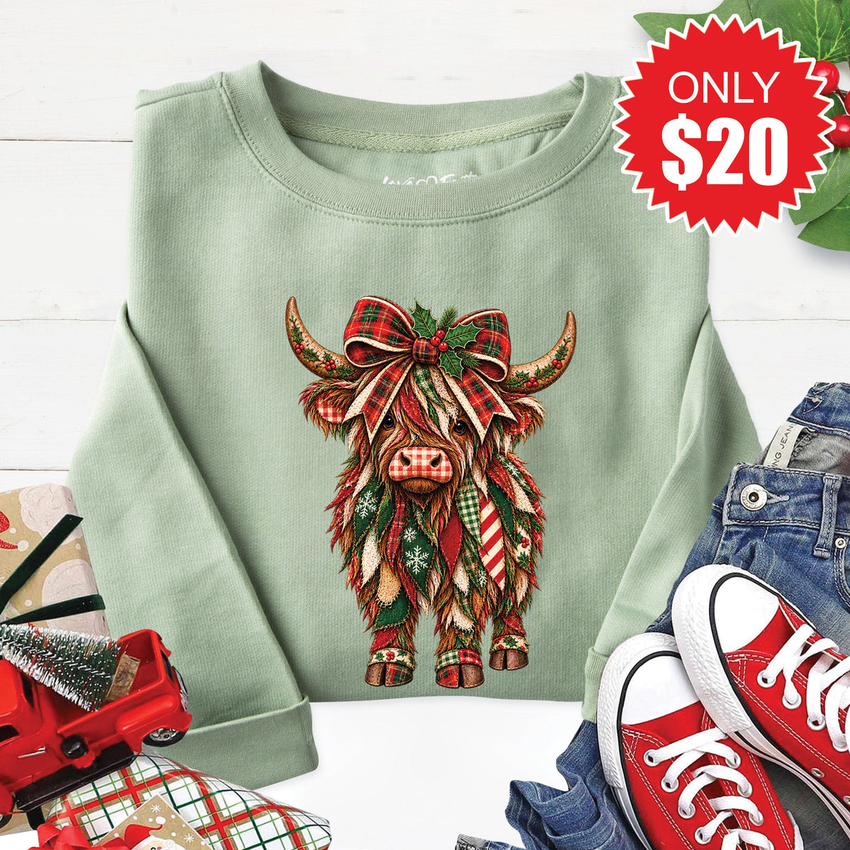 Christmas Cow Sweatshirt - Heather Sage - 20 product image 1