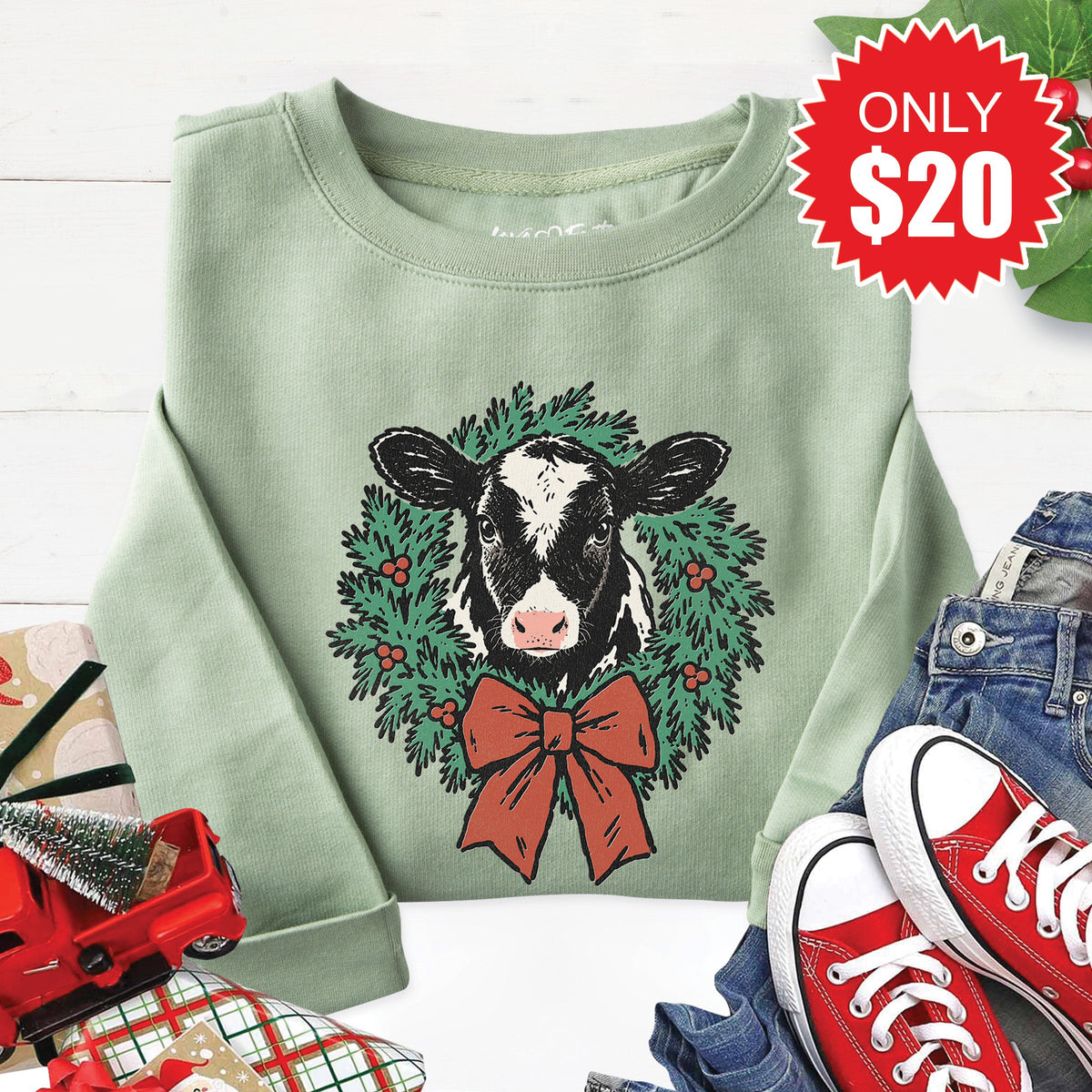Christmas Cow Sweatshirt - Heather Sage - 20 product image 1