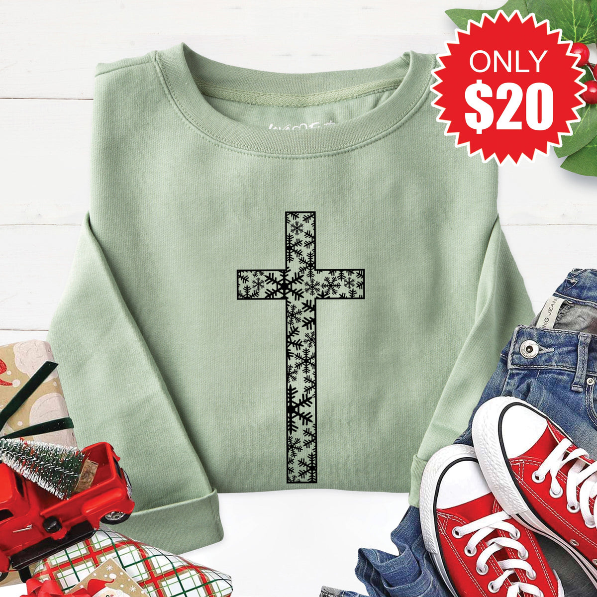Christmas Cross Sweatshirt - Heather Sage - 20 product image 1