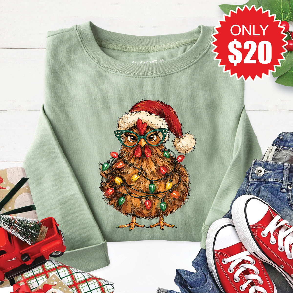 Christmas Chicken Sweatshirt - Heather Sage - 20 product image 1