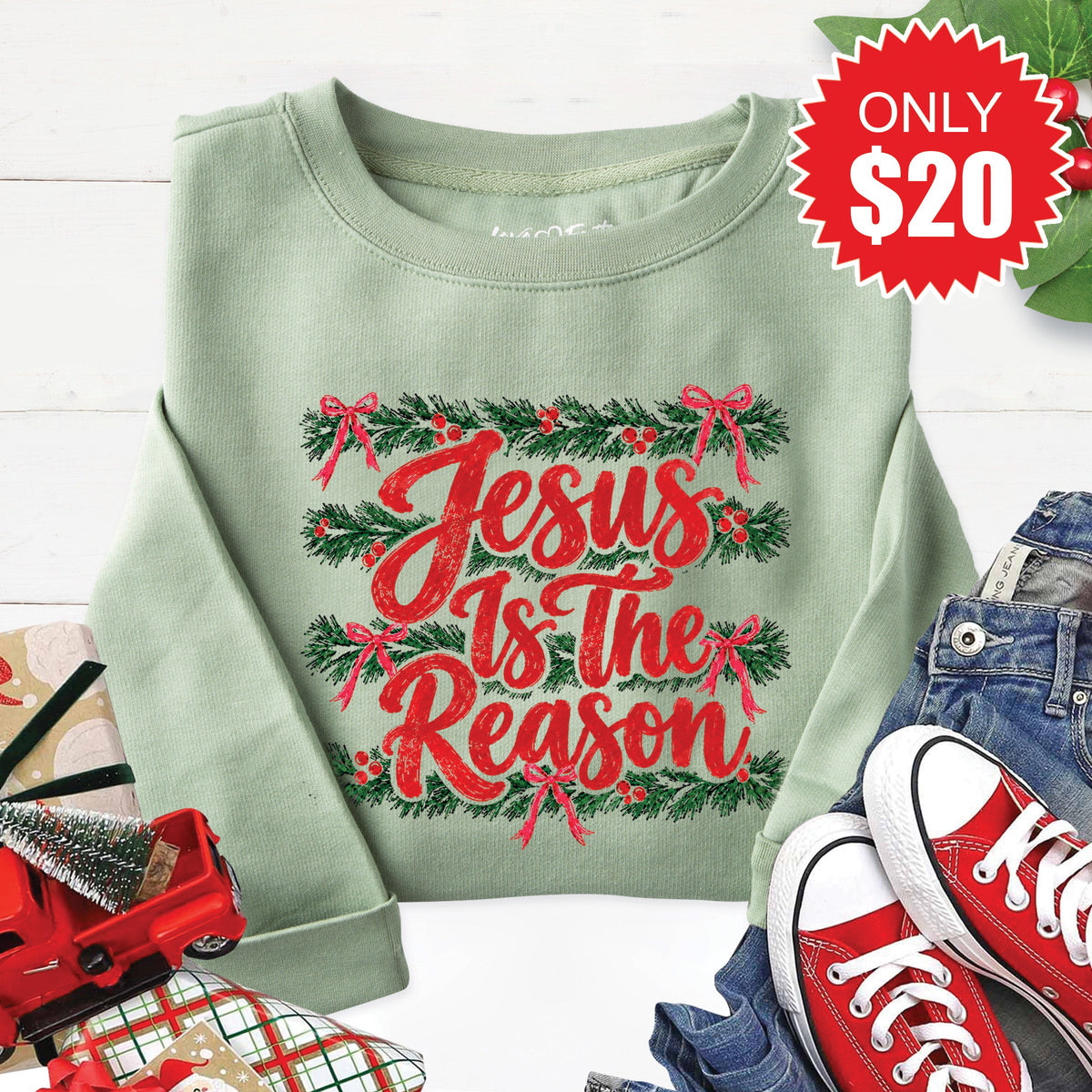 Jesus Is The Reason Sweatshirt - Heather Sage - 20 product image 1